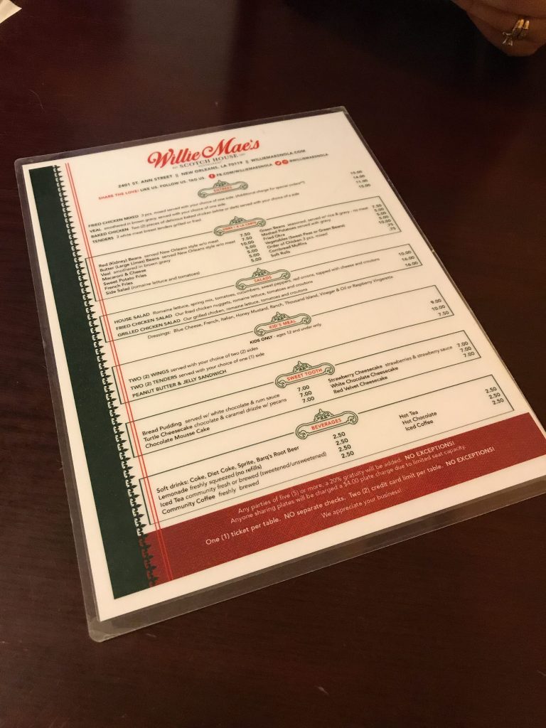 Willie Mae's Menu